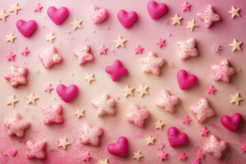 Pink background with hearts, stars and copy space
