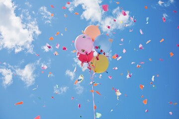 flying party and Holiday decoration and balloons with confetti in the air on blue sky