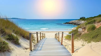 Foto op Plexiglas Wooden path at idealistic landscape over sand dunes with ocean view, sunset summer © mirifadapt