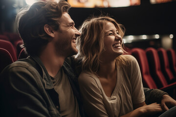 Young adult couple enjoy watching movie at the cinema theatre. Man and woman in romantic dating in love in indoor leisure activity together. People and romance