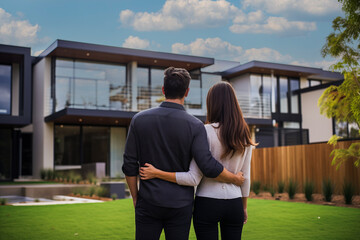 Lovely couple in front of a new house buying new home, real estate concept