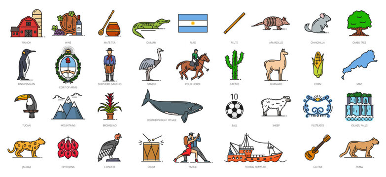 Argentina color line icons, argentine travel symbols. Ranch, wine, mate tea and caiman, flag flute, armadillo and chinchilla. Ombu tree, king penguin, coat of arms and shepherd Gaucho, nandu and corn