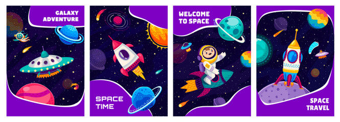 Space adventure posters with astronauts, rocket spaceship, UFO and galaxy planets. Universe discovery, space research or galaxy adventure vector posters with with kid spaceman and alien characters