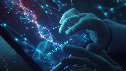 Medicine doctor touching electronic medical record on tablet. DNA. Digital healthcare and network connection on hologram modern virtual screen interface, medical technology and network concept.
