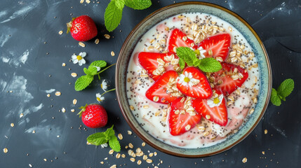 A Bowl of Oatmeal With Strawberries and Mint - 733797745