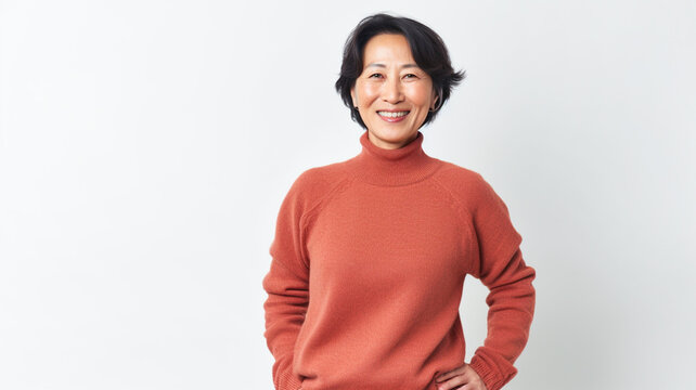 Portrait of positive confident mature asian woman standing over white background.
