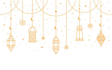 Ramadan Kareem and Eid Mubarak Arabian lamp lanterns decorations, vector background. Islam holiday Muslim ornament of golden stars, crescent moon and hanging lantern lamps for Ramadan Kareem greeting