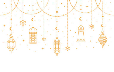 Ramadan Kareem and Eid Mubarak Arabian lamp lanterns decorations, vector background. Islam holiday Muslim ornament of golden stars, crescent moon and hanging lantern lamps for Ramadan Kareem greeting