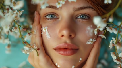 Beautiful young woman touching her face over blooming garden background. Cosmetology , beauty and spa.