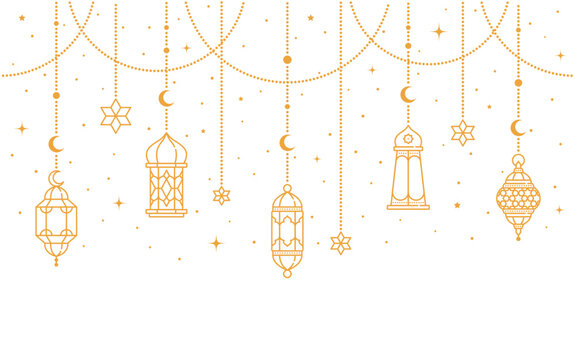 Ramadan Kareem and Eid Mubarak Arabian lamp lanterns decorations, vector background. Islam holiday Muslim ornament of golden stars, crescent moon and hanging lantern lamps for Ramadan Kareem greeting
