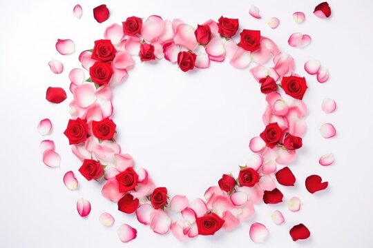 Valentine's Day flowers composition. Heart frame made of rose petals on white background. Flat lay, top view, copy space. Valentine's day, Mother's day, Women's Day, Wedding, love concept