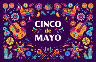 Cinco de mayo banner. Cartoon vector card with Mexican festive items for holiday celebration. Guitar, maracas, pinata and lemon slice, cacti flowers and floral decor in traditional alebrije style