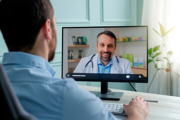 Fototapeta premium doctor talking from his work computer using online video chat, concept of medicine and consultations over the Internet