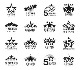 Five star rating, best award or review icons for service satisfaction and opinion, vector symbols. 5 five star top rank or top favorite and high quality feedback and positive opinion rating icons