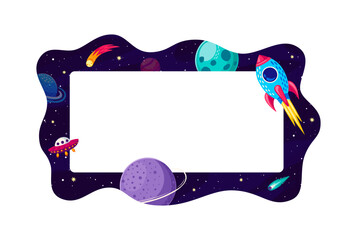 Cartoon galaxy space kid frame or border with rocket, planets, comets and stars in the Universe landscape. Vector celestial-themed template showcases cosmic travel and mesmerizing cosmic wonders © Vector Tradition