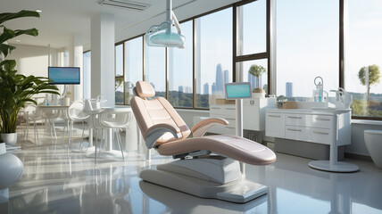 Clean and Modern Dental Chair with Professional Tools in an Unoccupied Office.