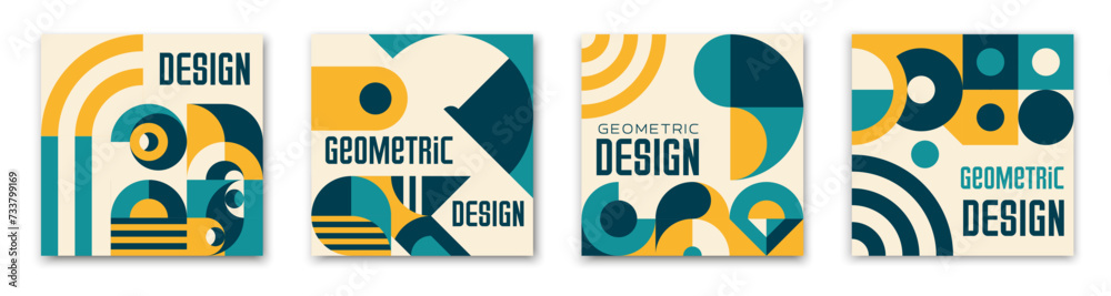 Poster Modern abstract posters with Bauhaus geometric pattern, vector templates for book or magazine covers. Modern or retro Bauhaus pattern backgrounds with simple shapes and colors in mosaic pattern