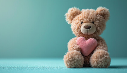 Smiling teddy bear holding red soft heart and pastel green background. Mock up for happy, positive idea. Empty place for emotional, sentimental text, quote or sayings. Valentine's Day  - obrazy, fototapety, plakaty
