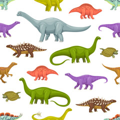 Cartoon dinosaur characters seamless pattern. Fabric funny backdrop, textile vector print with Polacanthus, Eoraptor, Lotosaurus and Wuerhosaurus, Shunosaurus, Haplocanthosaurus dinosaur personages