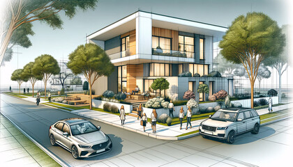 Detailed sketch of a modern villa integrating urban landscaping and community spaces.