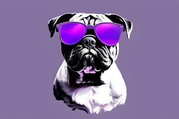 Cool Bulldog in Purple Shades, Stylish bulldog with sunglasses against a violet background. generative ai
