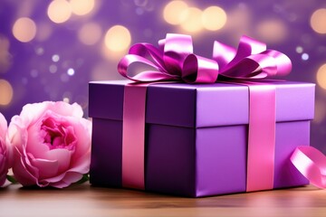 Purple Gift Box with Pink Peonies and Bokeh