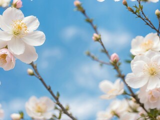 Obraz premium White Cherry Blossoms Against Spring Blue Sky. Delicate white cherry blossoms bloom on branches, with soft pink buds against a clear blue sky in the freshness of spring.