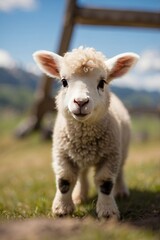 Obraz premium Curious Lamb on a Sunny Pasture. An adorable young lamb with a soft curly fleece looks curiously at the camera, standing in a sunny, green pasture with a backdrop of mountains.