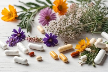 Obraz na płótnie Canvas Different pills, herbs and flowers on white wooden table, flat lay. Dietary supplements