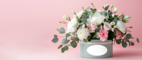 A hat box with white and pink flowers, white oval blank sticker with space for text or logo. Copy text for ads or product on the left. 