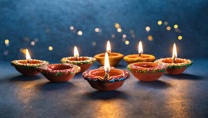  Happy Diwali - Clay Diya lamps lit during Dipavali, Hindu festival of lights celebration. Colorful traditional oil lamps diya on blue background with bokeh lights