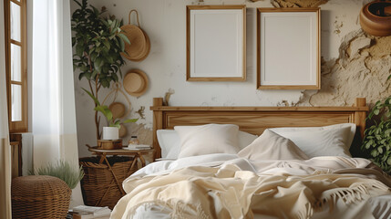 Fototapeta na wymiar Rustic Bedroom Charm with Wooden Headboard and Natural Accents