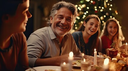 Obraz na płótnie Canvas Family Members Share Funny Stories and Joy During a Christmas Turkey Dinner