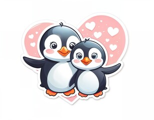 Obraz premium two penguins, one larger and one smaller, standing close together. They are facing each other and appear to be hugging. Behind them is a heart-shaped design made up of smaller penguins and pink hearts