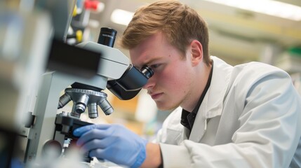 Focused male scientist in a lab coat examining samples with a microscope in a modern laboratory setting.