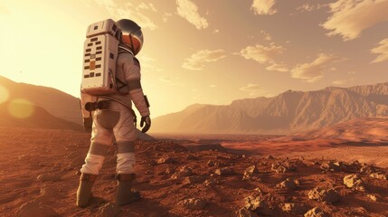 An astronaut gazes into the distance, standing on a rocky Mars-like surface with mountains in the background at sunset.