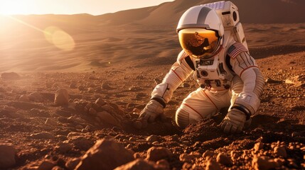 In the warm glow of a sunset, an astronaut in full gear carefully examines the Martian soil, simulating field research on Mars.