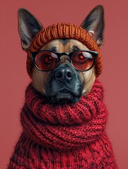 Belgian Malinois dog portrait with high necked sweater, showcasing innovative and fashionable beauty trends from the 1960s