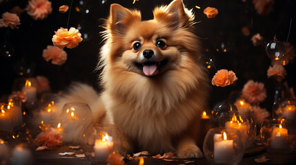 Captivating Snapshot, Adorable Pomeranian Pooch on Vibrant Fantasy Backdrop. Holiday concept of joy and happiness.