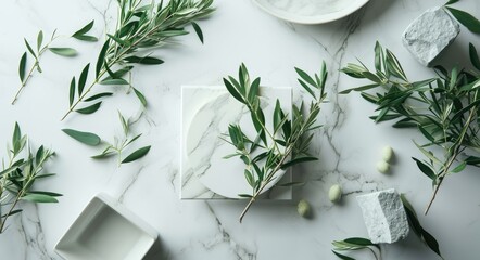 Modern Wedding Table Setting with Olive Branch Adorned Plates and Blank Card Mockup