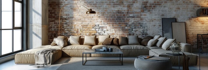 Modern Living Room Interior with Brick Wall Backdrop and Stylish Corner Couch
