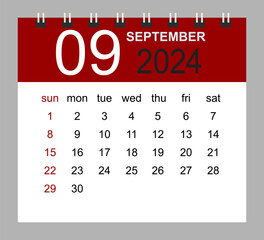 September 2024. Vector monthly calendar template 2024 year in simple style for template design. Week starts from Sunday.