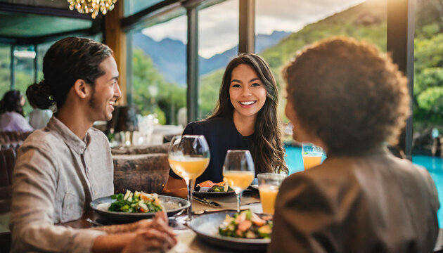 group of friends engrossed in conversation at a fine dining restaurant