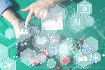 AI (Artificial Intelligence) concept. Electronic circuit. Communication network.