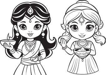 indian lady holding diya character illustration