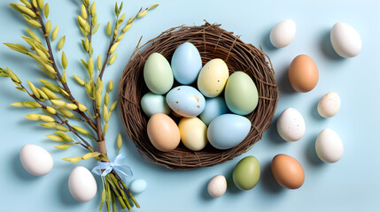 Whimsical Easter Wonderland: Willow Branches & Pastel Eggs Arranged on White Background, Delighting in the Palette of Subtle Blue, Mellow Yellow, and Verdant Green