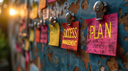 The words success plan written on sticky notes on a wall