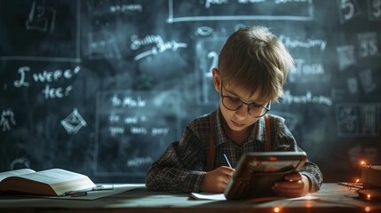 A child writing a notebook with a backdrop of mathematical and scientific chalkboard equations. - obrazy, fototapety, plakaty