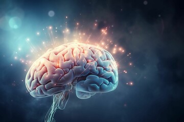 Fototapeta premium Human brain, illuminated by a bright light source from above, AI-generated.