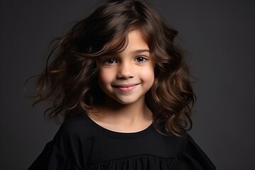 Portrait of a cute little girl with long curly hair on dark background